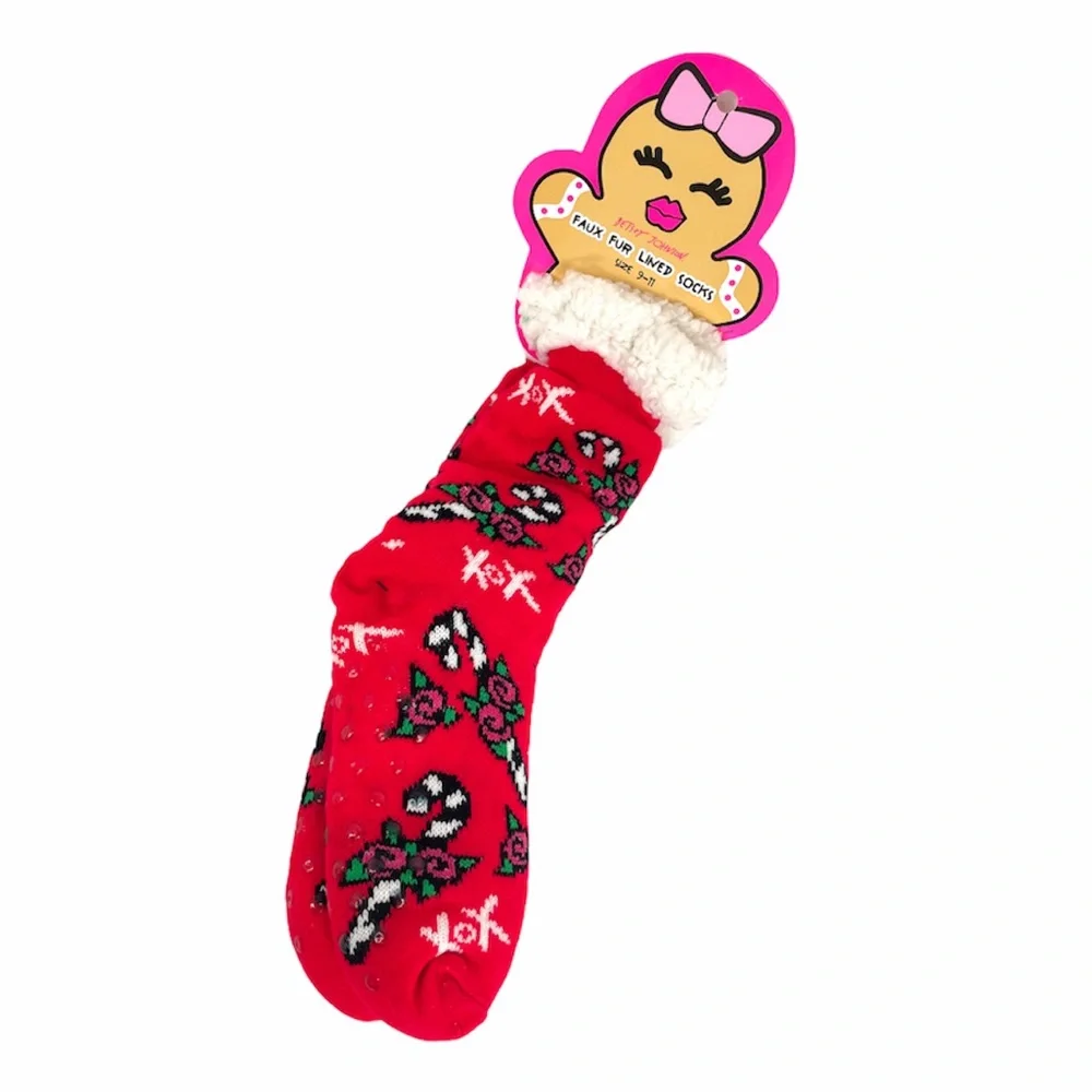 Betsey Johnson Candy Cane Slipper Socks, Red